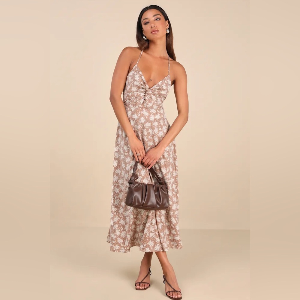Lulu's Picturesque Moments Brown Floral Print Strappy Maxi Dress
